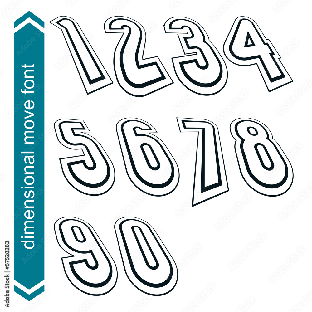 Poster outlined rotated vector numeration, monochrome lined numbers set