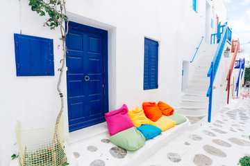 Pretty Mykonos white cycladic street, Greece - 87528639