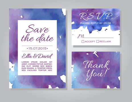 Vector wedding invitation card set with watercolor background.