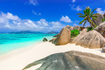 Beautiful granite rocks at beach on island La Digue in Seychelles - Anse Source d'Argent