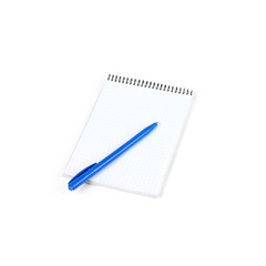 Calculator and paper notebook with blue pen