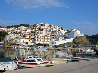 Skopelos town. View of the town from port. Skopelos island, Northern Sporades, Greece.
