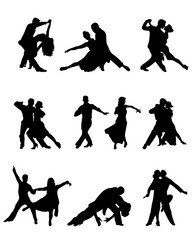Black silhouettes of tango players, vector - obrazy, fototapety, plakaty