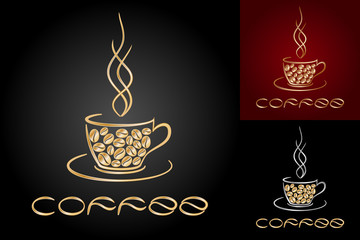 Set of card templates with cup and golden coffee beans.