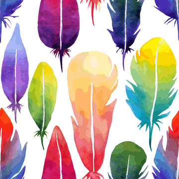 Vector seamless watercolor feather pattern