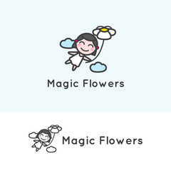 Vector minimalistic young girl cartoon character. Flowers shop