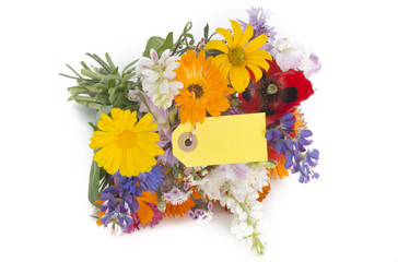 summer flower bouquet with tag islolated on white background