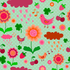Seamless colorful pattern with birds, berries and flowers.