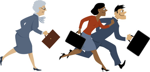 Senior business woman trying to keep up with younger colleagues, running, vector illustration, EPS 8