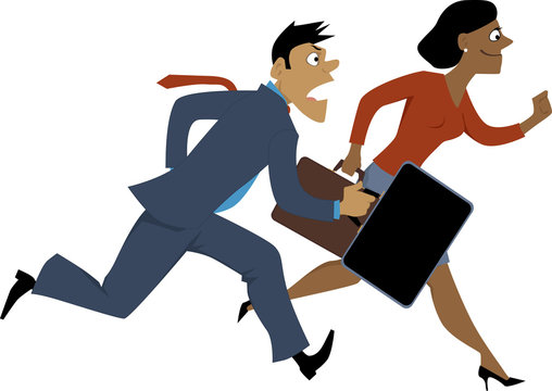 Running black businesswoman passing a Caucasian businessman, vector illustration, isolated, EPS 8