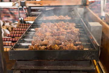 Close Up of Kebabs Roasting on Hot Grill