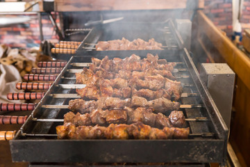 Close Up of Kebabs Roasting on Hot Grill