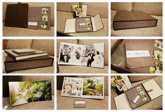 gray and brown textile velvet wedding book and album with pictur