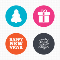 Happy new year sign. Christmas tree and gift box