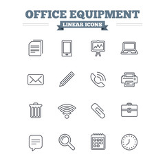 Office equipment linear icons set. Thin outline signs. Vector