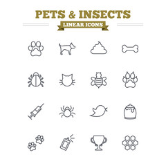 Pets and Insects linear icons set. Thin outline signs. Vector