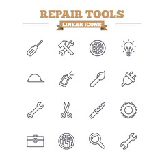 Repair tools linear icons set. Thin outline signs. Vector