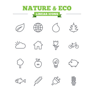 Nature and Eco linear icons set. Thin outline signs. Vector