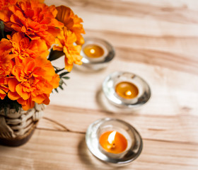 orange flowers on a wooden background