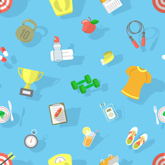 Stoffe zum Nähen Moderne flache Vektor nahtlose Muster mit Ikonen von gesundem Lebensstil, Fitness und körperliche Aktivität. Verpackungspapier-Design, Desktop-Hintergrund, Website-Hintergrund