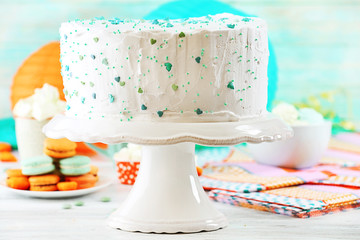 Birthday decorated cake on colorful background