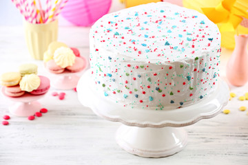 Birthday decorated cake on colorful background
