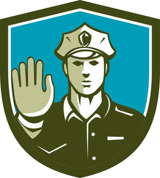 Traffic Policeman Hand Stop Sign Shield Retro