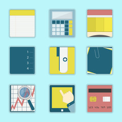 Square icons of business, office supplies, study material: notebook, calculator, pencil, ruler, sharpener, post it, graph with magnifying glass, mobile and credit card