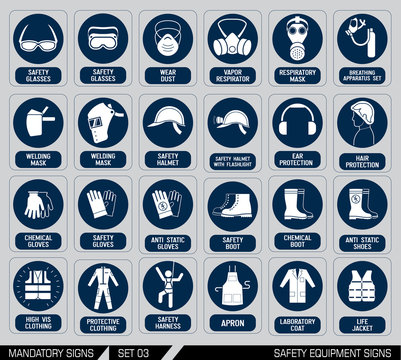 Set of safety equipment signs. Mandatory construction and industry signs. Collection of safety and health protection equipment. Protection on work. Vector illustration.