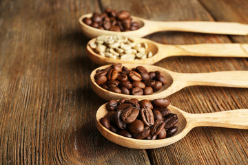 Coffee beans in spoons on wooden background