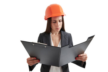 serious businesswoman in orange hardhat