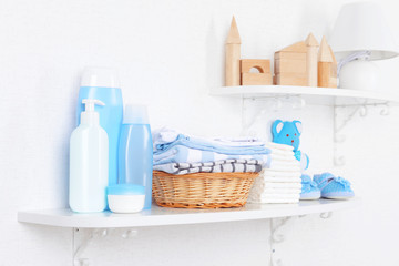 Baby accessories on shelves close-up