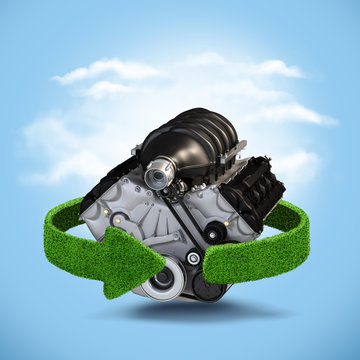 Car motor engine Concept with green arrows from the grass. Recycling concept