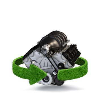 Car motor engine Concept with green arrows from the grass. Recycling concept. Isolated on white