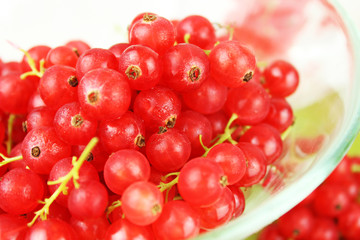 Johannisbeeren in Schale aus Glas und auf Esstisch auf grüner Serviette