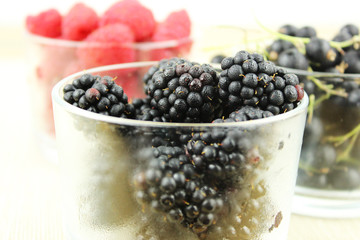 Waldbeeren - Himbeeren, Brombeeren und schwarze Johannisbeeren und Glasschalen