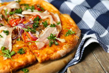Tasty pizza on table close up