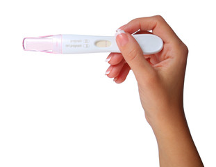 hand holding pregnancy test  negative. in her hand. Woman is hol