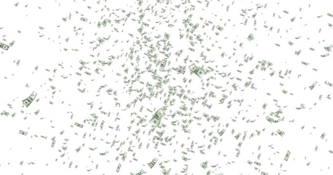 digital dollars flying in vortex on white background with fade out, loop seamless. 4K and 1080 resolution. Make money concept