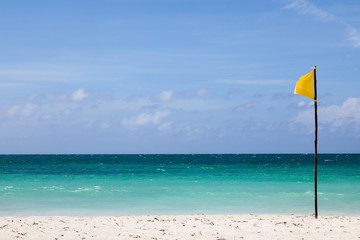 Yellow flag stands on the beach