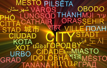 City multilanguage wordcloud background concept glowing