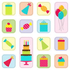 Vector seamless birthday pattern with cake, balloons and sweets