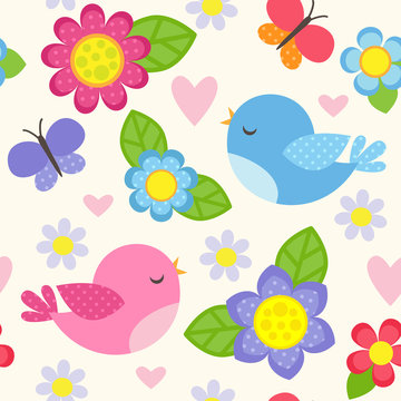 Seamless vector pattern with blue and pink birds and flowers