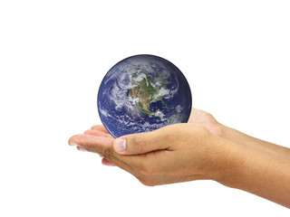 Hands holding world. Elements of this image furnished by NASA