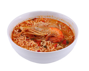 Tom Yam Koong soup with noodles on white background