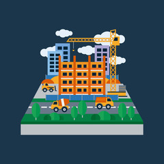 Concept illustration with icons of building construction and construction machinery. Flat design vector