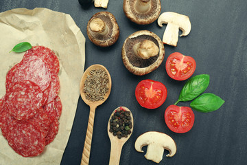 Food ingredients for cooking on wooden background