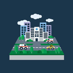 Concept illustration with icons of hospital and ambulances. Flat