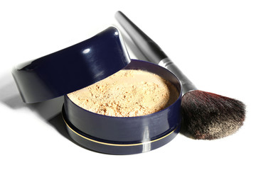 Jar with loose cosmetic powder and makeup brush, isolated on white