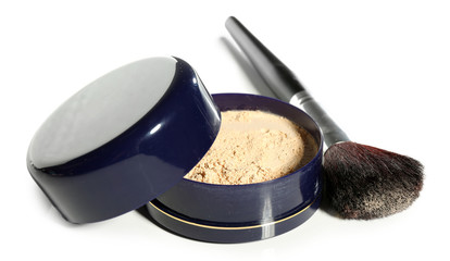Jar with loose cosmetic powder and makeup brush, isolated on white
